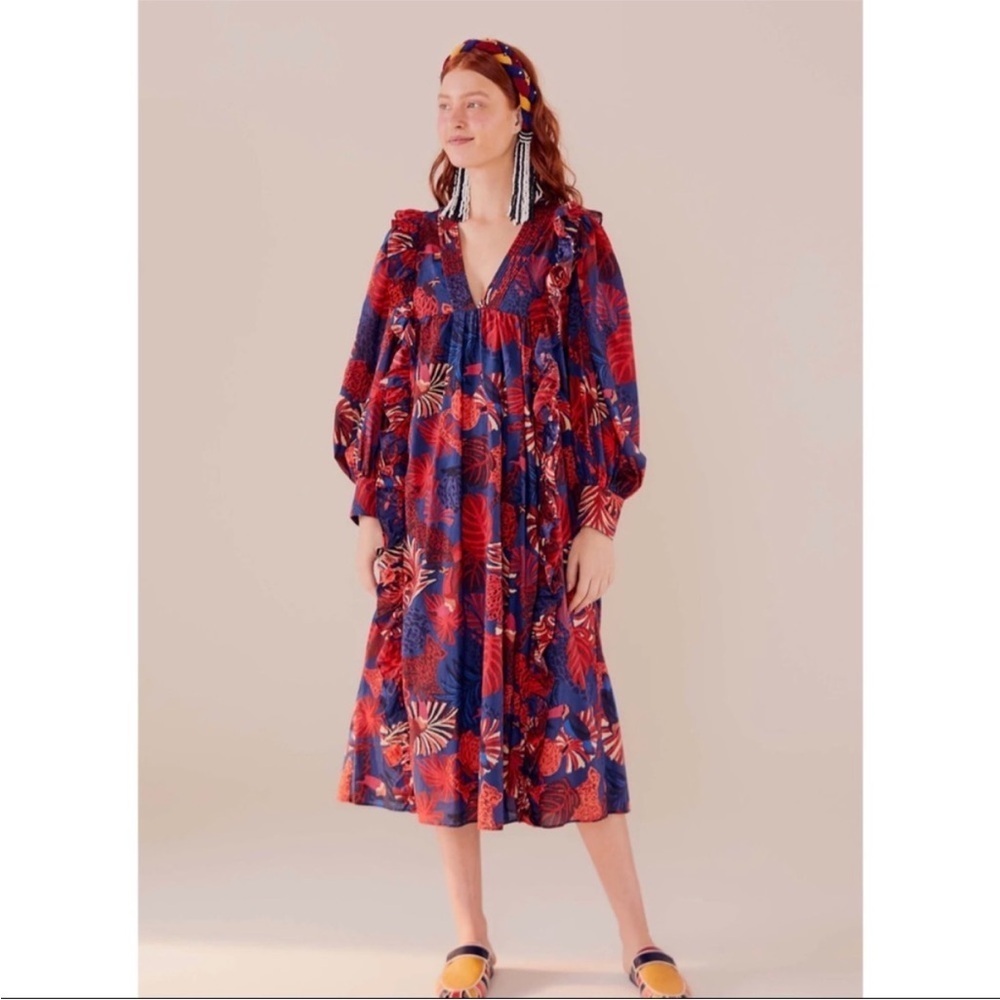 NWOT FARM RIO Red Blue Animal Tapestry Midi Tropical Flare Puff Sleeve Dress XS - Picture 2 of 9